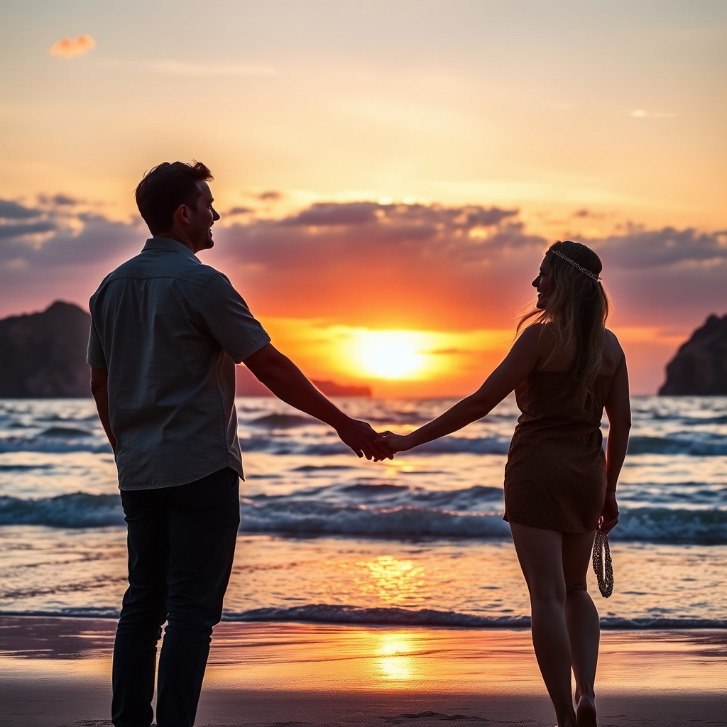 A photorealistic image of a couple watching the sunset from a secluded beach in Baja California Sur. They are holding hands and smiling at each other. The sky is ablaze with color. The camera angle is low, emphasizing the intimacy of the moment. Style: romantic photography. 4K resolution.